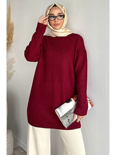 Julude Gülseli Bisiklet Yaka Yırtmaçlı Tesettür Triko Tunik - S000517554-19951