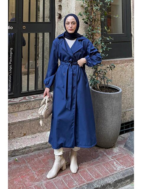 Lamelif Kol Elastik Detaylı Trençkot Lacivert - S000518063-21164