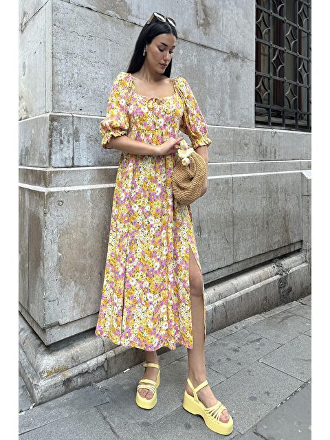 Now Moda Doğal Viskon Bel Büzgülü Desenli Yırtmaçlı Uzun Sarı Elbise - S000178436-20072