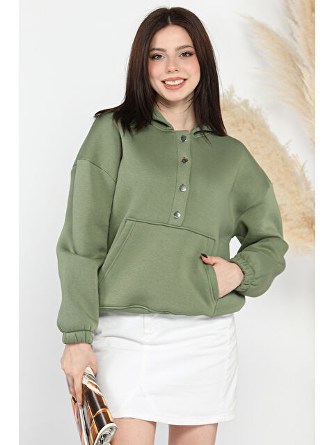 Gülseli Kadın Şardonlu Kanguru Cepli Düğme Detaylı Sweatshirt - S000338252-18547