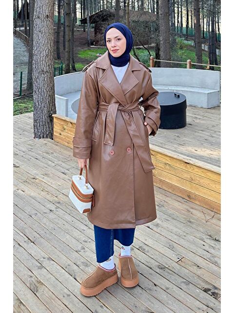 Lamelif Kruvaze Yaka Deri Trenç Taba - S000518085-14955