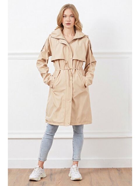 Fullamoda Kolu Katlamalı Kapüşonlu Beli Bağlamalı Trençkot