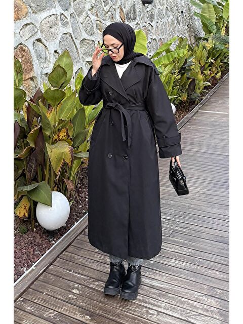 Lamelif Omuz Apoletli Premium Trençkot Siyah - S000518082-19351