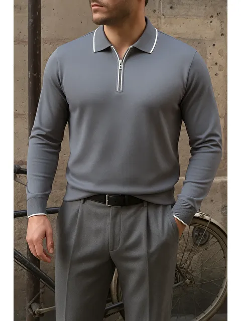 Comstar Erkek Günlük Çizgili Trend Füme Polo Yaka Kazak