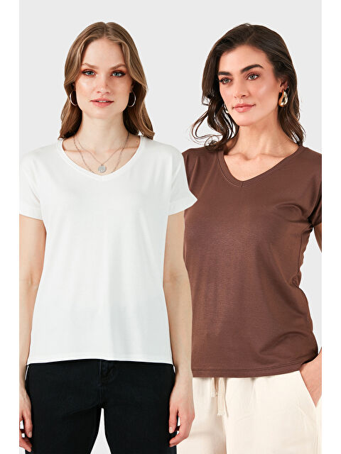 Lela V Yaka Relaxed Fit Yırtmaç Detaylı 2'li Paket Bluz 5862000S2 - S000389198-6419