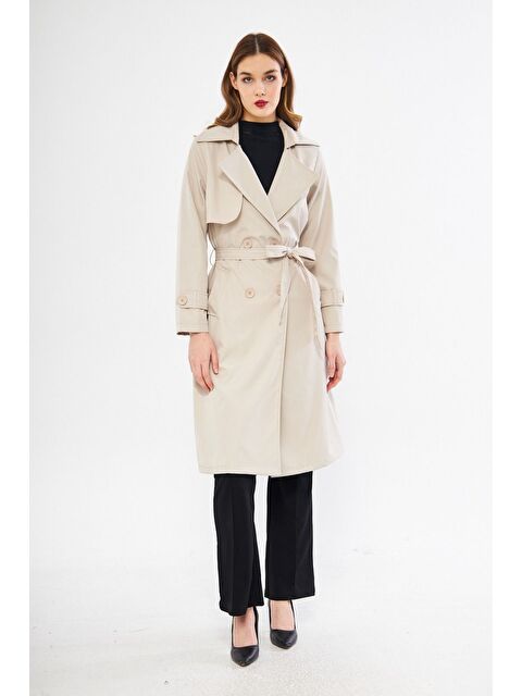 Comstar Kadın Basic Düğmeli Kuşaklı Cepli Uzun Krem Trençkot