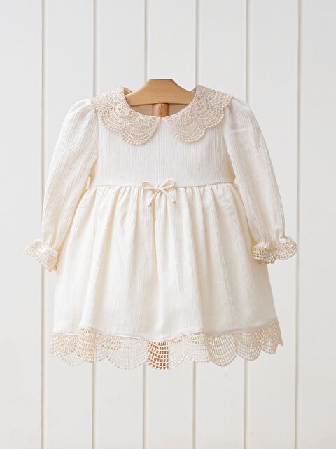 Mymio Bebe Yaka Uzun Kollu Dantel Detaylı Kız Bebek Elbise - S000360508-19928