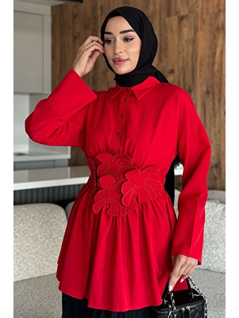 Julude Gömlek Yaka Papatya Aplikeli Bel Lastikli Tesettür Tunik - S000425585-20045