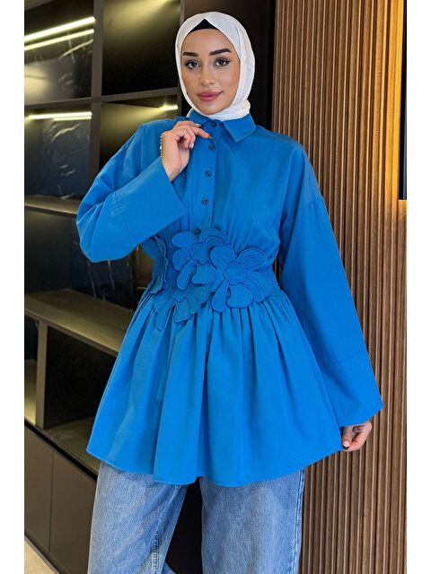 Julude Gömlek Yaka Papatya Aplikeli Bel Lastikli Tesettür Tunik - S000425585-17234