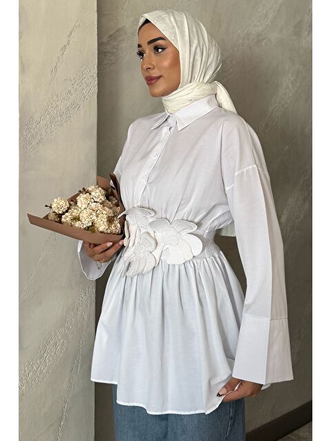 Julude Gömlek Yaka Papatya Aplikeli Bel Lastikli Tesettür Tunik - S000425585-20063