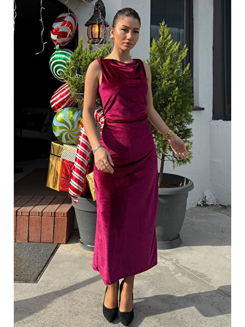 Gülseli Kadın Büzgü Detaylı Degaje Yaka Kadife Elbise - S000338262-20036