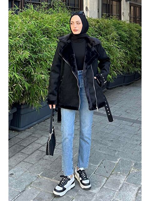 Lamelif Kürk Detaylı Süet Mont Siyah - S000518093-19351