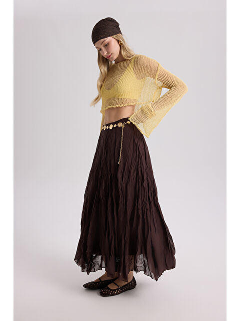 Bohemai Freesia Kırışık Kahve Uzun Etek