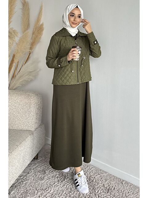 Julude Bisiklet Yaka Tesettür Elbise Jakarlı Ceket İkili Takım