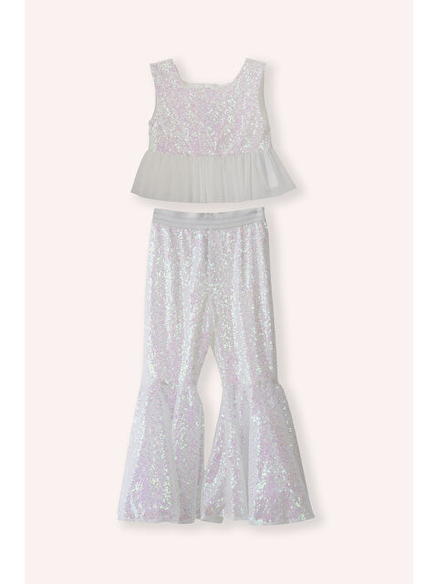 Panço Kız Çocuk Pul Payetli Beyaz Takım