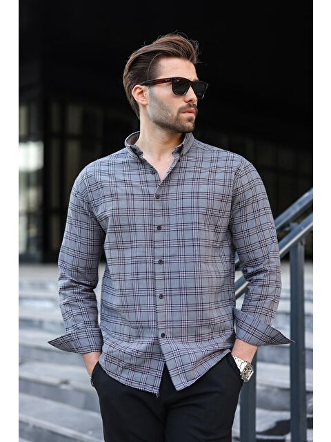 Madmext Gri Düğmeli Ekose Desenli Erkek Gömlek E6768 - S000482614-20600