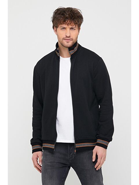 Mmetalic Erkek Siyah Regular Fit Dik Yaka Fermuarlı Uzun Kollu Hırka - S000239089-19351