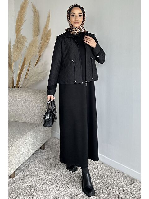 Julude Bisiklet Yaka Tesettür Elbise Jakarlı Ceket İkili Takım