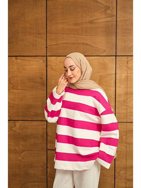 Locco Moda Kadın Kalın Çizgili Sweat Pembe - S000474814-20024