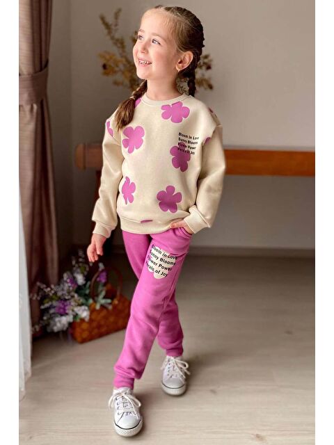 Riccotarz Kız Çocuk Pano Çiçek Baskı Bisiklet Yaka Kazak Pembe Eşofman Takım - S000302850-20024