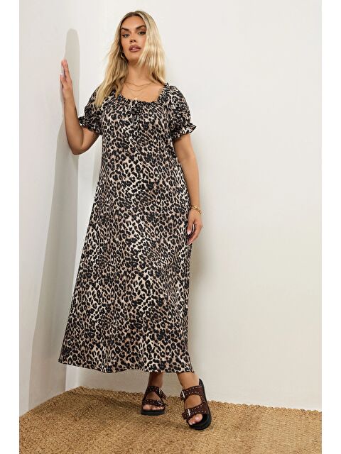 Stil Diva Büyük Beden Kısa Kollu Leopar Desenli Yakası Büzgülü Maxi Elbise 270296 - S000425595-17365