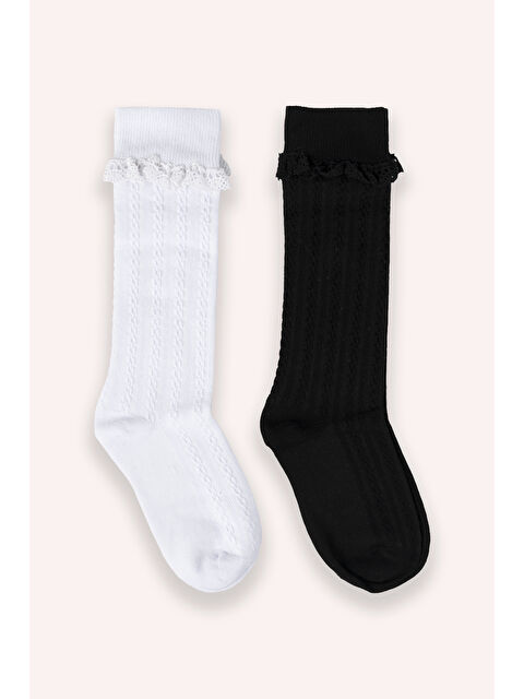 Panço Kız Çocuk Dantelli Diz Altı Siyah Beyaz Çorap - S000524255-37424