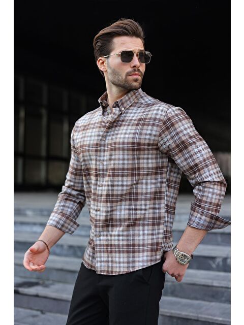 Madmext Camel Düğmeli Ekose Desenli Erkek Gömlek E6768 - S000482614-4557