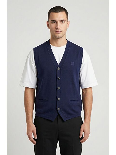 Sabri Özel Giotelli Erkek Lacivert Standart Fit Yün Karışımlı Düğmeli Triko Süveter - S000524257-21164