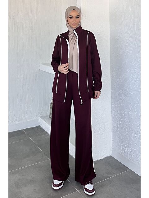Julude Ön Fermuarlı Şeritli Tunik Bel Lastikli Pantolon Tesettür İkili Takım - S000470365-19952