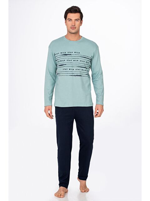 Kompedan Erkek Stay Wild Baskılı Pamuklu Pijama Takımı | Su Yeşili 028 - S000511027-20054