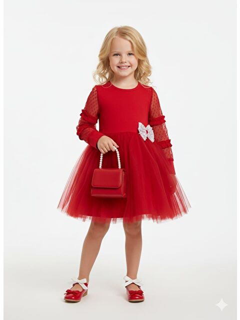 Magu Kız Çocuk Pamuklu Kırmızı Tüllü Kabarık Elbise - Tül Kol Volan Detaylı Fiyonk Aplikeli - S000494788-20045