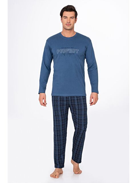 Kompedan Erkek İnterlok Penye Bisiklet Yaka Pijama Takımı | İndigo 020 - S000511028-23093