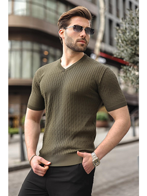 Madmext Haki V Yaka Kısa Kollu Triko Erkek Tişört E7467 - S000511029-18547
