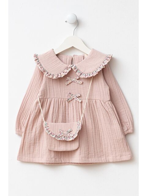 Magu Kız Çocuk Pamuklu Pembe Elbise – Büyük Yaka Detaylı, Çantalı - S000494791-20024