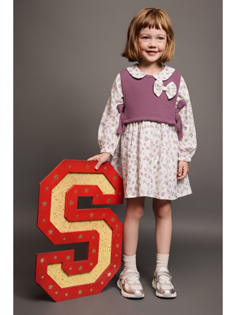 Magu Kız Çocuk Pamuklu Çiçek Desenli Elbise – Triko Yelek Detaylı, Yakalı, Fiyonk Aplikeli - S000494792-23173