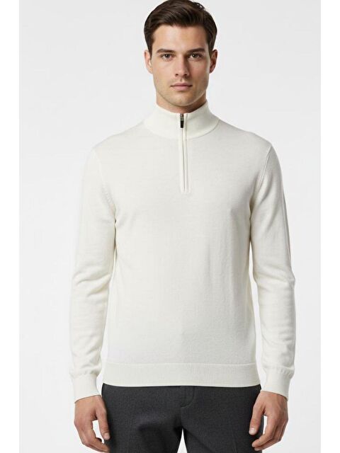 Sabri Özel Ekru Regular Fit Pamuklu Fermuarlı Yarım Balıkçı Yaka Erkek Triko Kazak - S000524260-19965