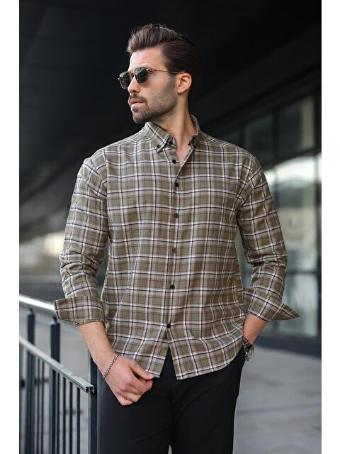 Madmext Haki Düğmeli Ekose Desenli Erkek Gömlek E6768 - S000482614-18547