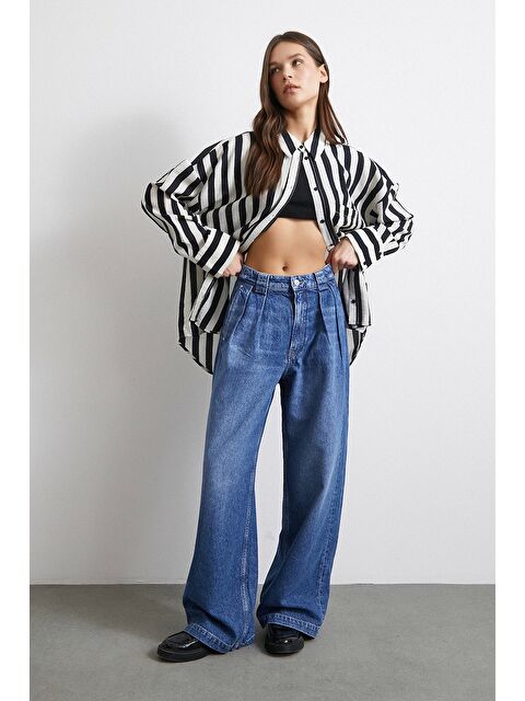 Never More Yüksek Bel Pileli Geniş Paça Jean Mavi - S000371539-17234