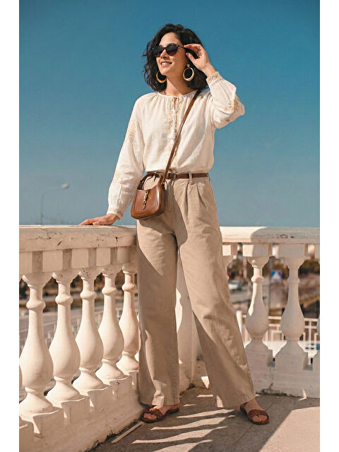 Lela Pamuklu Wide Leg Yüksek Bel Geniş Paça Kemerli Kadın Pantolon 668YP5429 - S000515717-29351