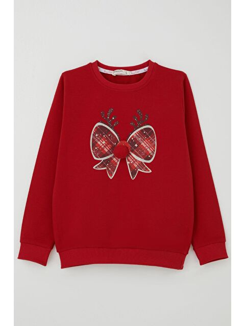 Breeze Kız Çocuk Sweatshirt Ponponlu Yılbaşı Kurdeleli Kırmızı (6-12 Yaş) - S000491423-20045