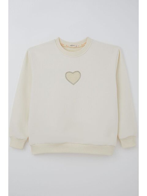 Breeze Kız Çocuk Sweatshirt Işıltılı Kalp Masalı İnci İşlemeli Krem (9-14 Yaş) - S000491424-19966