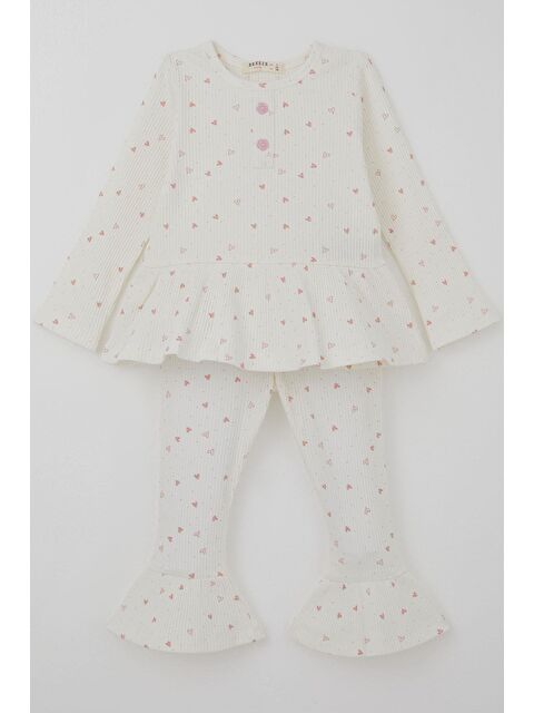 Breeze Kız Çocuk Taytlı Takım Kalp Desenli Paça Kısmı Fırfır Detaylı Ekru (3-7 Yaş) - S000491429-19965