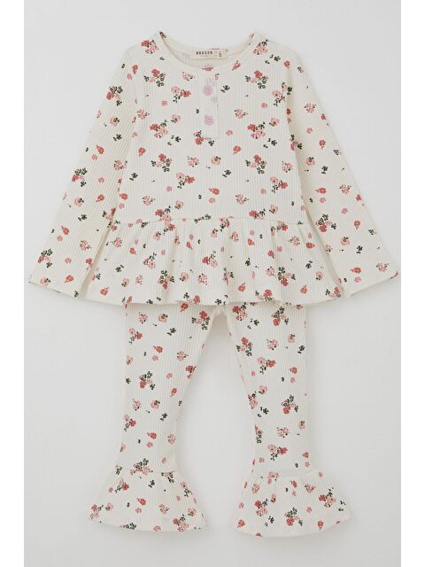 Breeze Kız Çocuk Taytlı Takım Çiçek Desenli Paça Kısmı Fırfır Detaylı Ekru (3-7 Yaş) - S000491430-19965