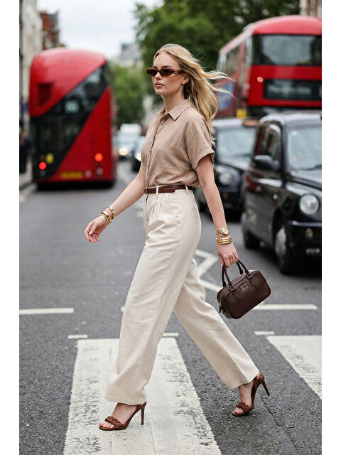 Lela Pamuklu Wide Leg Yüksek Bel Geniş Paça Kemerli Kadın Pantolon 668YP5429 - S000515717-25636