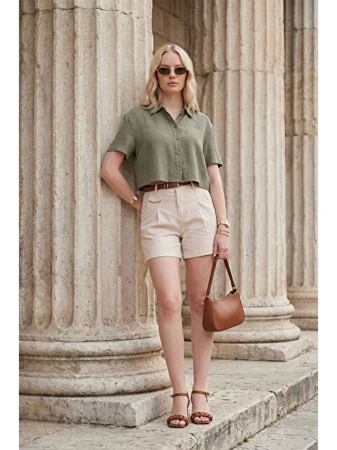 Lela Kemer Detaylı Relaxed Fit Yüksek Bel Pamuklu Kadın Şort 668YP5448 - S000515718-25636