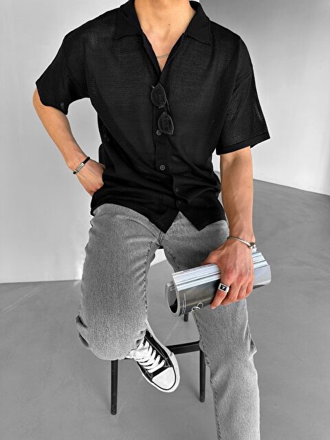 Abluka Online Oversize Esnek File Triko %100 Pamuk Gömlek Siyah - S000240419-19351