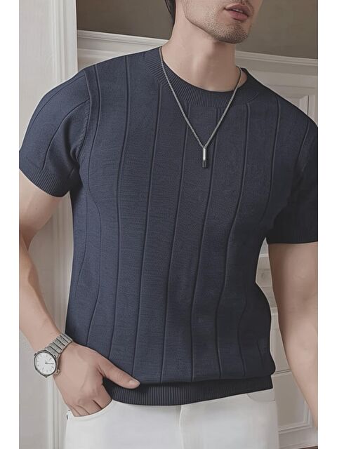 Oksit Toro Çizgili Elastanlı Slim Fit Bisiklet Yaka Örme Erkek Triko Tshirt - S000350377-33408