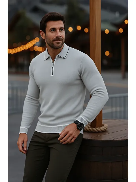 Comstar Erkek Günlük Uzun Kollu Gri Polo Yaka Kazak