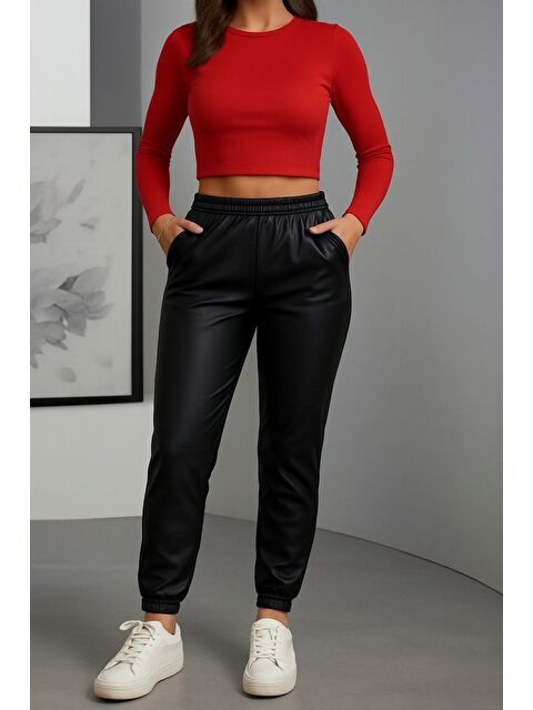 Jane's Kadın Paçası Lastikli Cep Detaylı Deri Tayt