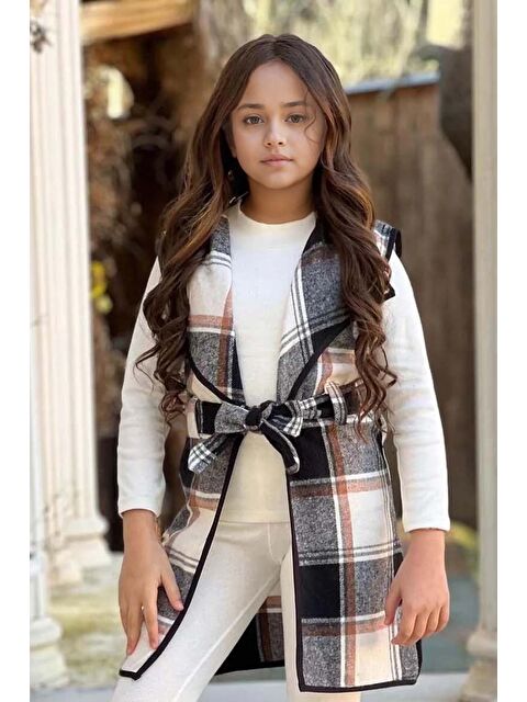 Riccotarz Kız Çocuk Ekose Desenli Yelek Uzun Kol Penye Kazak Beyaz Taytlı Takım - S000411232-20063